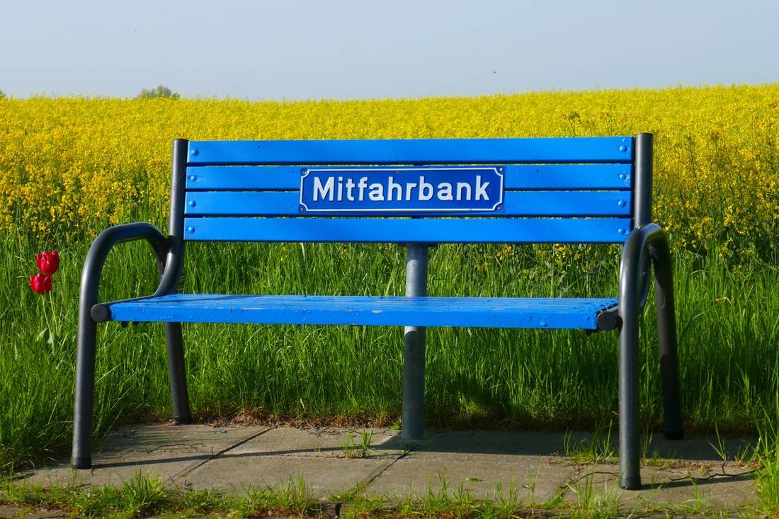 Quelle: AdobeStock | Elke Hötzel Foto einer blauen Mitfahrbank vor einem gelben Rapsfeld