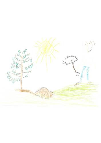 Kinderzeichnung eines Apfelbaums nach der Pflanzaktion. Der Apfelbaum wurde neben einem Erdhaufen gezeichnet und ein Kind das größer ist als der Baum steht mit einer Schaufel daneben