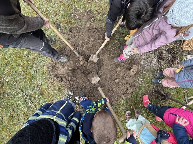 Foto der Pflanzaktion aus der Perspektive von oben. Die Kinder graben gemeinsam das Loch