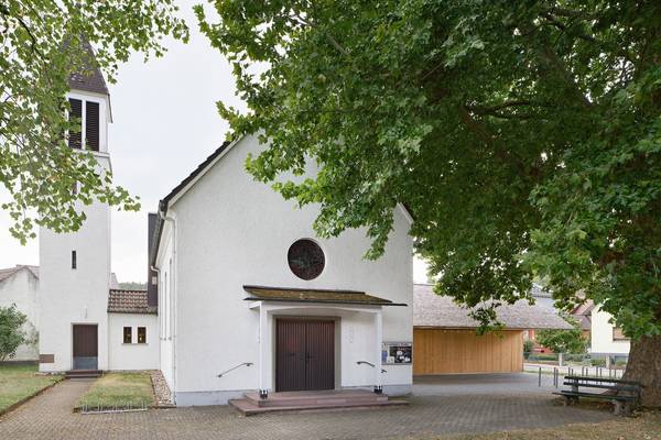 Foto eines großen alten Baums vor dem Eingang zu einer Kirche